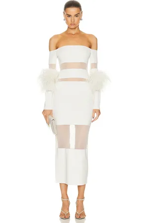 LAPOINTE Sheer Cotton Viscose Intarsia Ostrich Dress in Cream - Cream. Size L (also in ).
