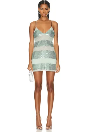 FLEUR DU MAL Sequin Stripe Mini V Neck Slip Dress in Jade Sequin Stripe - Mint. Size L (also in S, XS).
