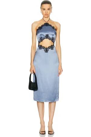 FLEUR DU MAL Silk And Lace Halter Dress in Denim - Blue. Size L (also in XS).