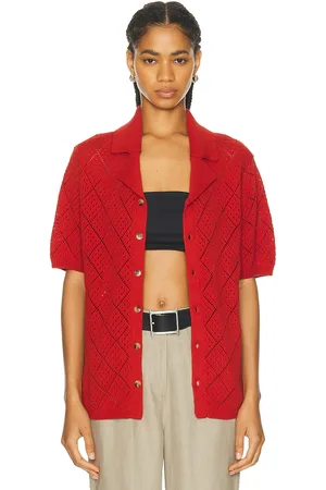 WAO Open Knit Camp Shirt in Burnt Orange - Orange. Size M (also in L, XS).