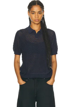 WAO Open Knit Short Sleeve Polo in Navy - Blue. Size S (also in L, XS).