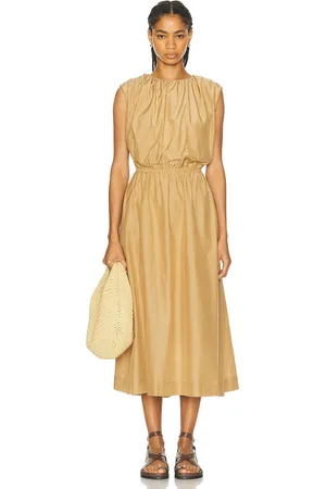 Loulou de Saison Aphrodite Long Sleeveless Dress With Gathers in Dune - Tan. Size S (also in ).