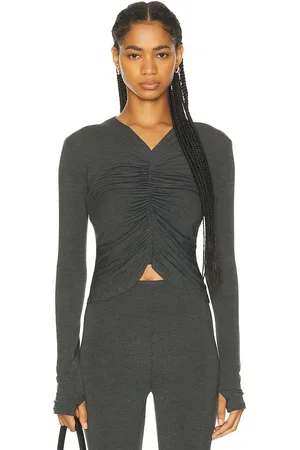 Norma Kamali Long Sleeve V Neck Shirred Front Top in Dark Grey - Charcoal. Size L (also in M, S, XL).