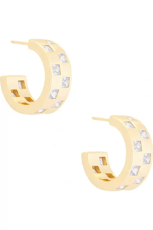 mega Checkered Wide Earring in 14k Yellow Gold Plated - Metallic Gold. Size all.