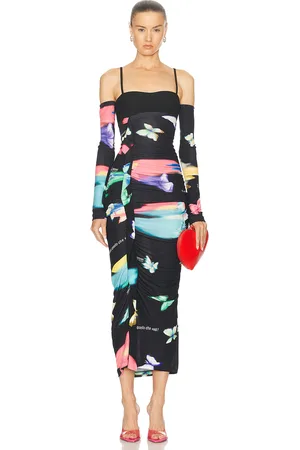 Moschino Off The Shoulder Maxi Dress in Multi Black - Black. Size 36 (also in 38, 40).