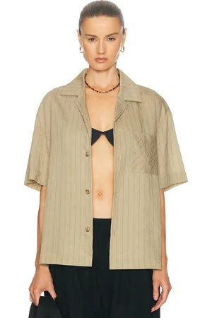 WAO Vertical Stripe Short Sleeve Shirt in Taupe & Black - Brown. Size M (also in L, S).