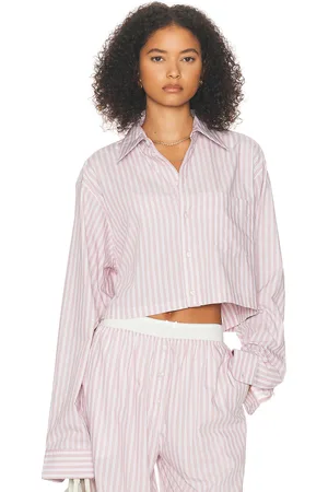Helsa Wide Stripe Poplin Cropped Shirt in Mauve Stripe - Mauve. Size L (also in M, S, XL, XS).