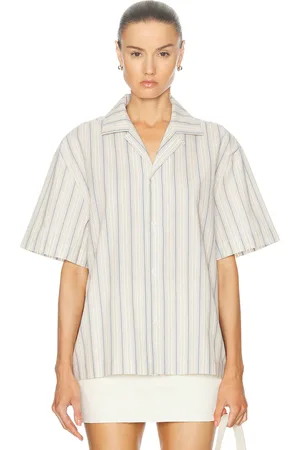 WAO Textured Stripe Camp Shirt in Cream & Blue - White. Size M (also in S, XS).