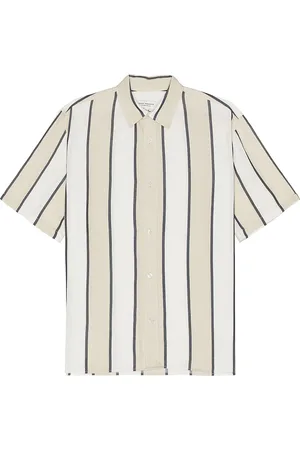 CLUB MONACO Short Sleeve Cabana Stripe Shirt in Khaki Stripe - Cream. Size S (also in XL/1X).