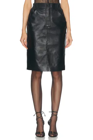 Saint Laurent Leather Midi Skirt in Black in Noir - Black. Size 36 (also in 38, 40).