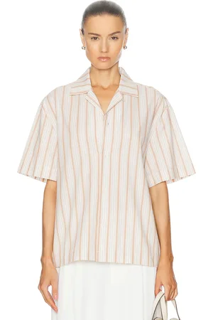 WAO Textured Stripe Camp Shirt in White & Sand - White. Size M (also in L, S, XS).