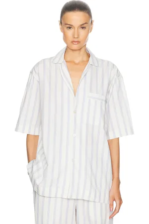 Tekla Long Sleeve Shirt in Needle Stripes - Ivory. Size L (also in M, S, XS).