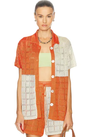 Calle Del Mar For Fwrd Two Tone Short Sleeve Patchwork Shirt in Tomato & Jasmine - Orange. Size L (also in S).
