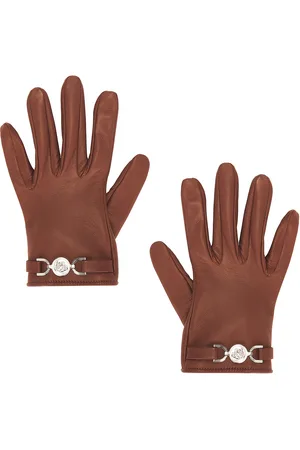 VERSACE Leather Gloves in Moka & Palladio - Brown. Size 6.5 (also in 7, 8).
