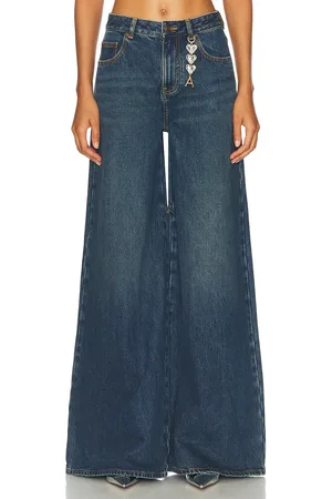 AREA Crystal Heart Charm Wide Leg in Dark Medium Wash - Denim-Dark. Size 24 (also in 30, 31).