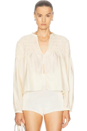 Frame Smocked Collarless Blouse in Champagne - Ivory. Size XL (also in ).