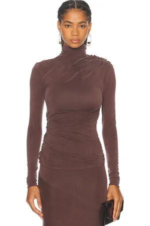Atlein Mock Neck Long Sleeved Ruched Top in Cob Sepia - Brown. Size 36 (also in 40).