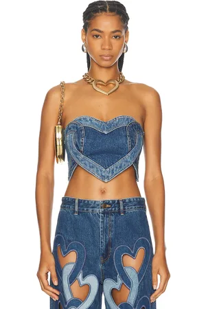 AREA Heart Strapless Top in Multi Denim Wash - Denim-Medium. Size 0 (also in 2).