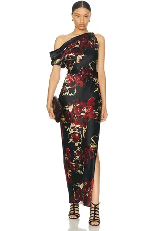 Nicholas Halle Off Shoulder Midi Dress in Watercolor Floral Black - Black. Size 0 (also in 2).