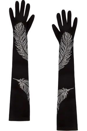 DAVID KOMA Rhinestone Feather Long Gloves in Black & Silver - Black. Size L (also in XS).