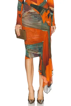MUGLER Mesh Midi Skirt in Archive Print - Orange. Size 34 (also in ).