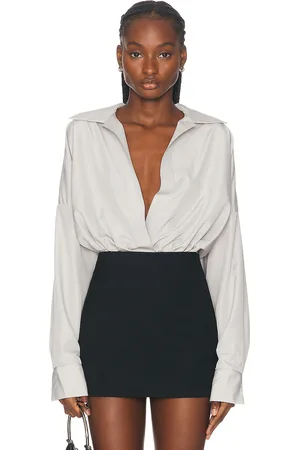 Norma Kamali Super Oversized Boyfriend Shirt Bodysuit in Dove - Ivory. Size L (also in M, S, XL).
