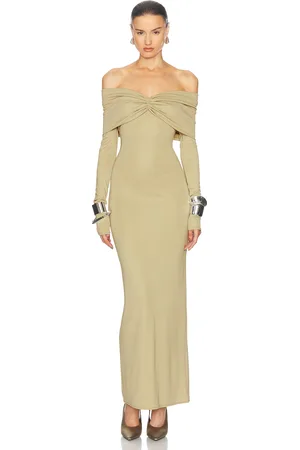 Helsa Matte Jersey Off Shoulder Maxi Dress in Elm - Sage. Size M (also in S, XS, XXS).