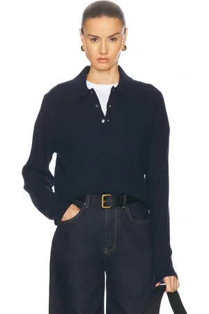 Guest In Residence Theo Waffle Polo Cashmere Top in Midnight - Blue. Size L (also in M).