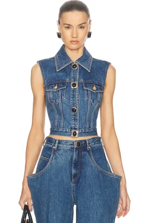 AREA Gemstone Button Denim Gilet in Medium Blue - Denim-Medium. Size 0 (also in 2).
