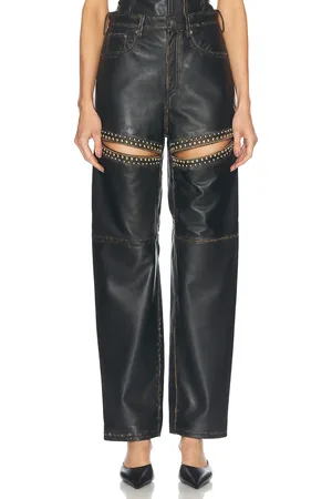 AREA Studded Leather Slit Leg Pant in Black - Black. Size 0 (also in 2, 6, 8).