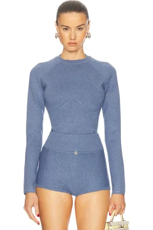 FLEUR DU MAL Knit Underbust Long Sleeve Top in Charcoal Blue - Blue. Size L (also in S, XS).