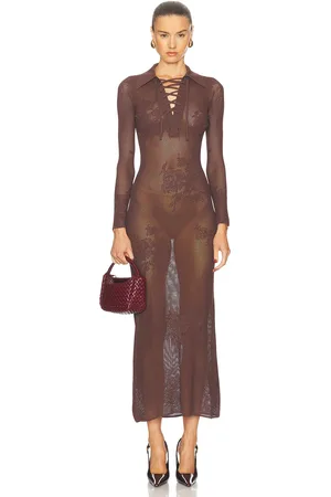 FLEUR DU MAL Lace Pointelle Maxi Dress in Cognac - Brown. Size M (also in S, XS).