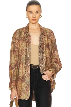 R13 Drop Neck Tuxedo Shirt in Paisley Print - Brown. Size L (also in S).