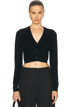 ENZA COSTA Cashmere Cropped V-neck Cardigan in Black - Black. Size L (also in S, XS).