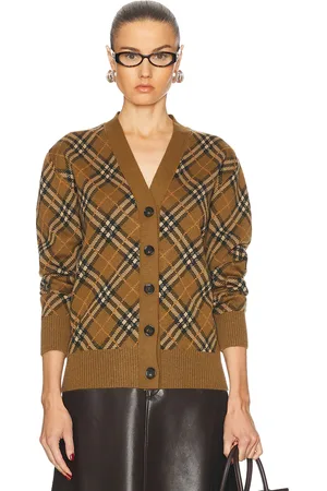 Burberry V-Neck Cardigan in Shrew IP Check - Brown. Size L (also in M, S, XS).