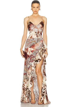 Retrofete Raelynn Silk Dress in Vintage Mixed Print - Brown. Size L (also in M, S, XS).