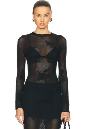 FLEUR DU MAL Lace Pointelle Long Sleeve Top in Black - Black. Size L (also in S, XS).