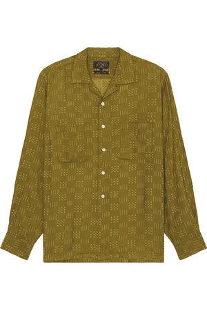 Beams Open Collar Shirt Jacquard in Olive - Green. Size S (also in ).