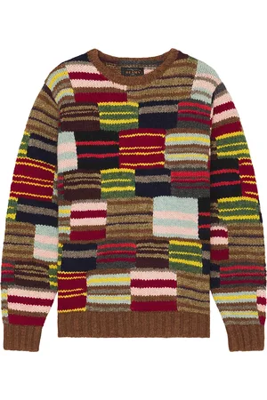 Beams Crew Hand Knit Patchwork Sweater in Stripe - Brown. Size L (also in M, S).