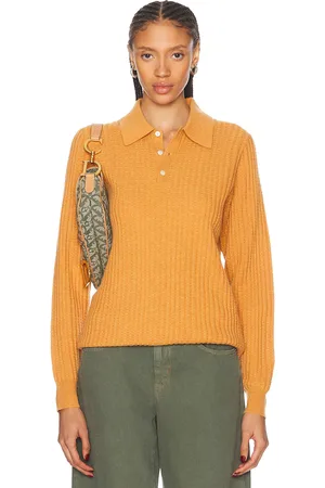 Guest In Residence Theo Waffle Polo Cashmere Top in Sungold - Orange. Size L (also in S, XS).