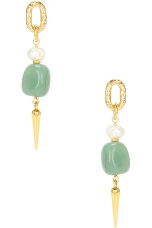 BEN-AMUN Huggie Dangle Earrings in Gold Pearl & Green - Metallic Gold. Size all.