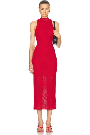 FLEUR DU MAL Lace Pointelle Knit Racer Dress in Ruby Red - Red. Size L (also in M, S).