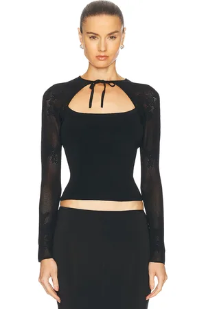 FLEUR DU MAL Lace Pointelle Knit Decolette Top in Black - Black. Size L (also in M, S, XS).