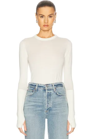 ENZA COSTA Fitted Cuffed Long Sleeve Crewneck Sweater in Ivory - Ivory. Size S (also in XS).