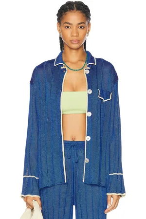 Calle Del Mar Wide Rib Long Sleeve Pajama Shirt in Lapis & Butter - Blue. Size L (also in M, S).