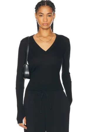 ENZA COSTA Fitted Cuffed Long Sleeve V-Neck Sweater in Black - Black. Size L (also in XS).