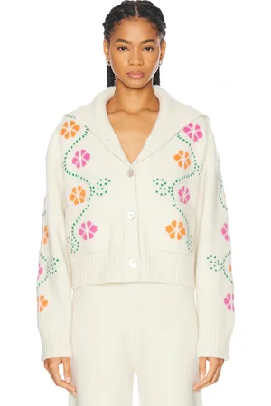 Calle Del Mar Cashmere Vine Floral Cardigan in Natural Multi - Cream. Size L (also in M, S).