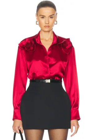 AKNVAS Flor Satin Two Roses Button Down Shirt in Poppy - Red. Size L (also in M, S, XS).