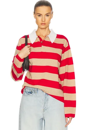 Guest In Residence Striped Rugby Cashmere Top in Dune & True Red Stripe - Red,Tan. Size S (also in ).
