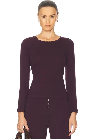 Leset Pointelle Slim Fit Long Sleeve Top in Dark Berry - Purple. Size M (also in S).